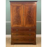 19TH CENTURY MAHOGANY & SATINWOOD CROSS-BANDED LINEN PRESS, panelled fielded doors above