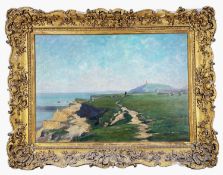 19TH CENTURY BRITISH SCHOOL oil on canvas - View of Mumbles, expansive coastal scene with figure