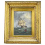 19TH CENTURY ENGLISH SCHOOL oil on board - two masted frigate in high seas, signed with initials