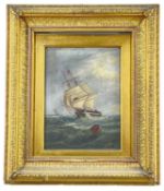 19TH CENTURY ENGLISH SCHOOL oil on board - two masted frigate in high seas, signed with initials