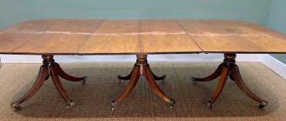 LATE GEORGE III MAHOGANY TRIPLE PEDESTAL DINING TABLE, reeded edge with rounded corners, turned