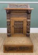 GOTHIC-STYLE CARVED OAK PRIE-DIEU DESK, caryatid uprights with lion mask capitals, carved arcaded