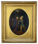 18TH CENTURY CONTINENTAL SCHOOL oil on board - two figures in conversation on a wooded pathway,