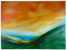 ‡ MOLLY PARKIN (b.1932) oil on canvas - semi-abstract valley landscape and sunset, signed and
