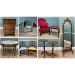 ASSORTED OCCASIONAL FURNITURE, including library armchair upholstered in red moire velvet, cheval