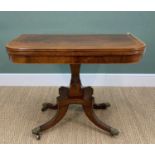 REGENCY ROSEWOOD FOLDOVER CARD TABLE, with banded and strung top, crossbanded frieze, on brass