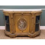VICTORIAN GILTWOOD CREDENZA, shaped white marble top above panelled door centred with oval painted