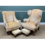 TWO WING-BACK ARMCHAIRS, one Victorian on turned legs, the other with cabriole legs, both with