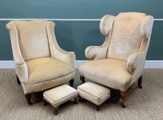 TWO WING-BACK ARMCHAIRS, one Victorian on turned legs, the other with cabriole legs, both with