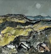 ‡ WILF ROBERTS mixed media - Snowdonia mountain scene with cloud covered moon, entitled 'Rhos