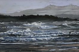 ‡ ALED PRICHARD-JONES pastel - waves and headland, entitled verso 'Rhosneigr', signed with