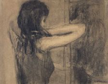 ‡ HARRY HOLLAND charcoal - study of a young lady at a mirror, signedDimensions: 31 x