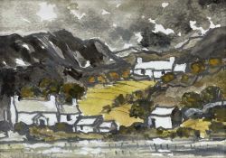‡ WILF ROBERTS mixed media - whitewashed cottages in the shadows of Snowdonia, signed Dimensions: 13