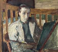 ‡ JOHN ELWYN oil on paper - self-portrait of artist working, circa 1937, signed and titled under