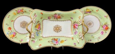 THREE SWANSEA PORCELAINS IN LIME GREEN GROUND circa 1815-1820, comprising twig-handled dish and a