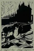 ‡ DAVID CARPANINI limited edition (9/25) monochrome etching - figure leading horse with cart,