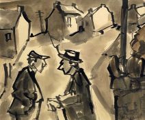 ‡ MIKE JONES ink and wash - entitled verso on Fountain Art Gallery label 'Two Men Talking',