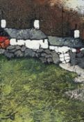 ‡ STEPHEN JOHN OWEN oil on panel - whitewashed cottages behind dry-stone wall with footpath,