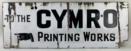 VINTAGE ENAMEL DIRECTIONAL SIGN, black lettering on a white background 'To the Cymro' printing