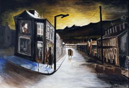 ‡ HOWELL DAVIES oil on board - valleys street scene at dusk with corner shop, figures and two