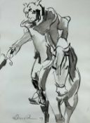 ‡ ELINOR EVANS pen and ink wash - figure on horseback, entitled verso 'Y Tywysog Llywelyn'