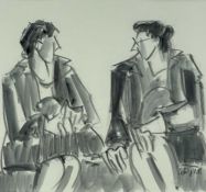 ‡ MIKE JONES pencil and wash - two seated females in conversation, entitled verso 'Seated Ladies