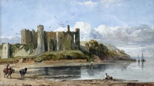 GEORGE ARTHUR FRIPP watercolour - view across estuary toward Laugharne Castle with figures on the