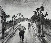 GEORGE CHAPMAN etching - figures walking in the rain along a road with lopped trees and street lamp,