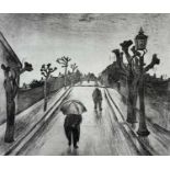 GEORGE CHAPMAN etching - figures walking in the rain along a road with lopped trees and street lamp,