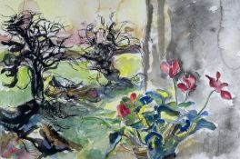 ‡ ARTHUR GIARDELLI watercolour - autumnal garden view from window with potted cyclamen,