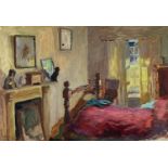 ‡ JOHN ELWYN oil on paper - interior view of a bedroom, entitled verso 'Bedroom at Emlyn Mills,