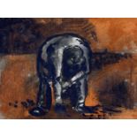 ‡ JOSEF HERMAN OBE RA watercolour and ink - working figure bending over, red backgroundDimensions: