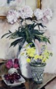 ‡ DAVID GROSVENOR watercolour - still life cherries and cut flowers in vases, signedDimensions: 65 x