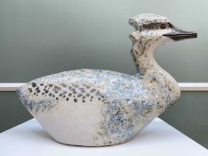 ‡ JAN HAMER stoneware - model of a speckled duck, studio mark to baseDimensions: 20cms