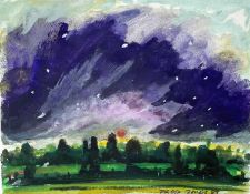 ‡ FRED JONES gouache - rain clouds over Monmouthshire landscape at sunset, signedDimensions: 14 x