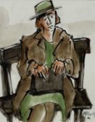 ‡ MIKE JONES inkwash on paper - entitled verso on Ffin y Parc Gallery label 'Lady Seated, Green