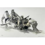 ‡ WILLIAM SELWYN limited edition (92/500) colour print - four fisherman manouevering a rowing boat