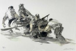 ‡ WILLIAM SELWYN limited edition (92/500) colour print - four fisherman manouevering a rowing boat