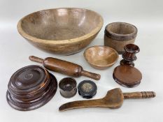 GOOD WELSH ANTIQUE TREEN GROUP comprising sycamore turned dairy-bowl, 34.5cms diam, cawl bowl, 13cms