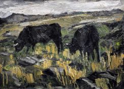 ‡ SIR KYFFIN WILLIAMS RA oil on canvas - two Welsh Black cattle in a landscapeDimensions: 54.5 x