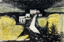 ‡ JOHN ELWYN gouache - entitled verso 'Farm Buildings with Black Cloud', signed and dated