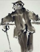 ‡ MIKE JONES ink wash - farmer with a stick leaning over fence, signedDimensions: 23 x