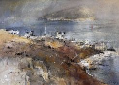 ‡ WILLIAM SELWYN mixed media - view over Penmon Point towards Puffin Island, entitled verso on