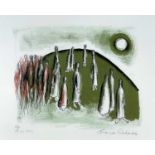 ‡ FRANCES RICHARDS artist proof lithograph - figures on a hillside looking towards the moon,