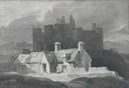 ‡ DAVID COX sepia watercolour - entitled verso on Spink & Son Ltd label 'Harlech Castle',