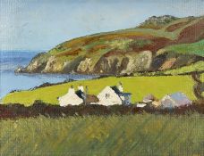 ‡ MARGARET LEAH JAGGAR oil on board - whitewashed farm buildings with bay beyond, entitled verso '