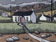 ALAN WILLIAMS acrylic on panel - whitewashed cottages on hillside, entitled verso 'Hill Cottages',