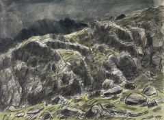 ‡ SIR KYFFIN WILLIAMS RA mixed media pencil and watercolour - mountainscape 'Creigiau Eryri', signed