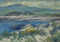 ‡ AUDREY HIND oil on linen laid to board - view across bay to farm buildings and mountains, entitled