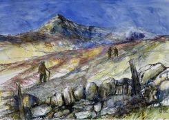 ‡ ANN FELLOWS mixed media - three farmers walking on Snowdonia mountain path, signedDimensions: 46 x